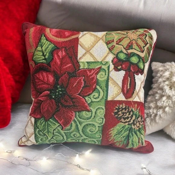 Tapestry Poinsettia Holiday Pillow‎ with zippered top and red backing - Picture 1 of 7